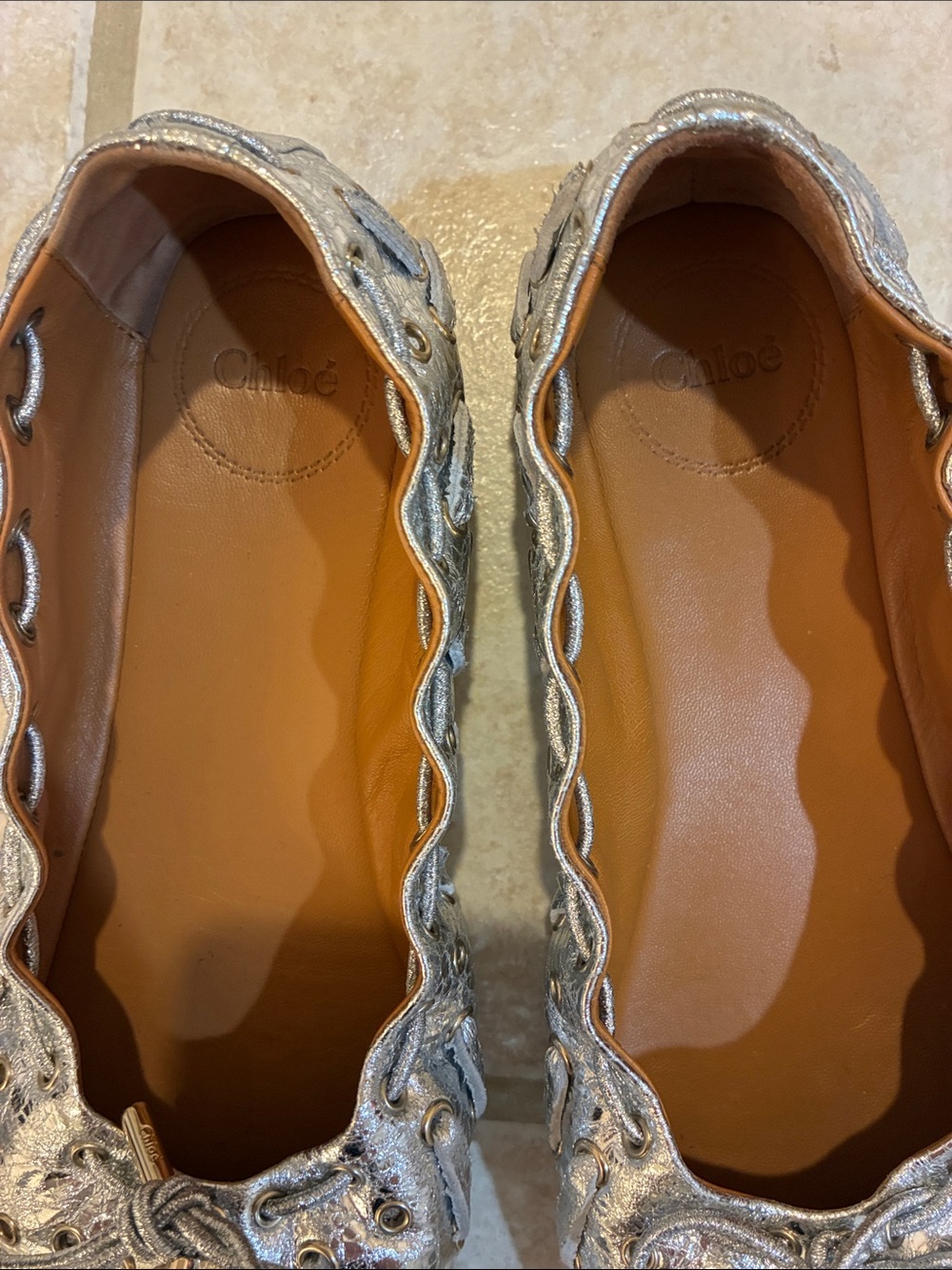 Chloe Silver Leather Scalloped Ballet Flats